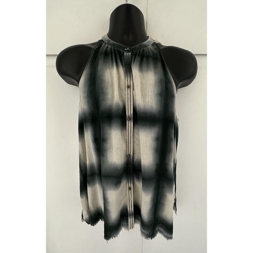 Burning torch textured silk tunic top sleeveless blouse Size Small Plaid Blue